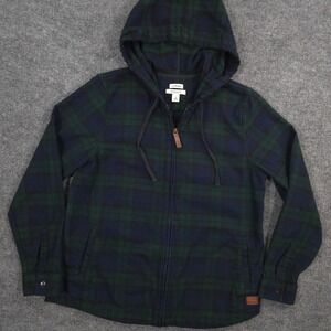 LL Bean Flannel Hoodie Womens M Green Blue Scotch Plaid Full Zip Relaxed Fit